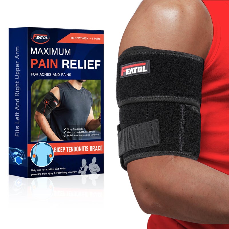 FEATOL Bicep Tendonitis Brace Compression Sleeve Support Upper Arm Brace Tricep Bicep Support Bands for Men and Women Arm Wrap Pain Relief for Muscle Strains and InflammationBlack XLarge